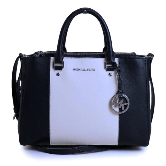 Michael Kors Sutton Colorblock Black White Satchel Crossbody MK Bag - Picture 1 of 15